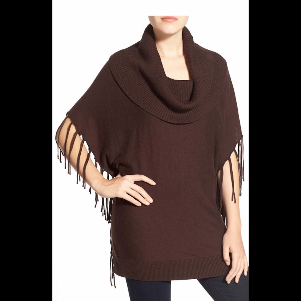 Michaels Kors Cowl Neck Fringed Poncho in Brown